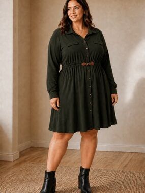 Olive Long-Sleeve Button Front Shirt Dress